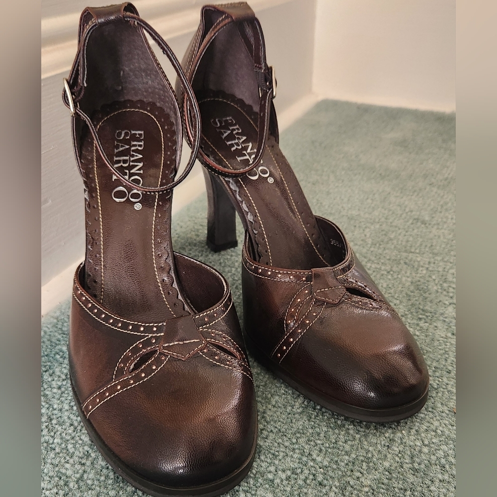 Franco Sarto Dark Brown Leather Ankle-Strap Block Heels